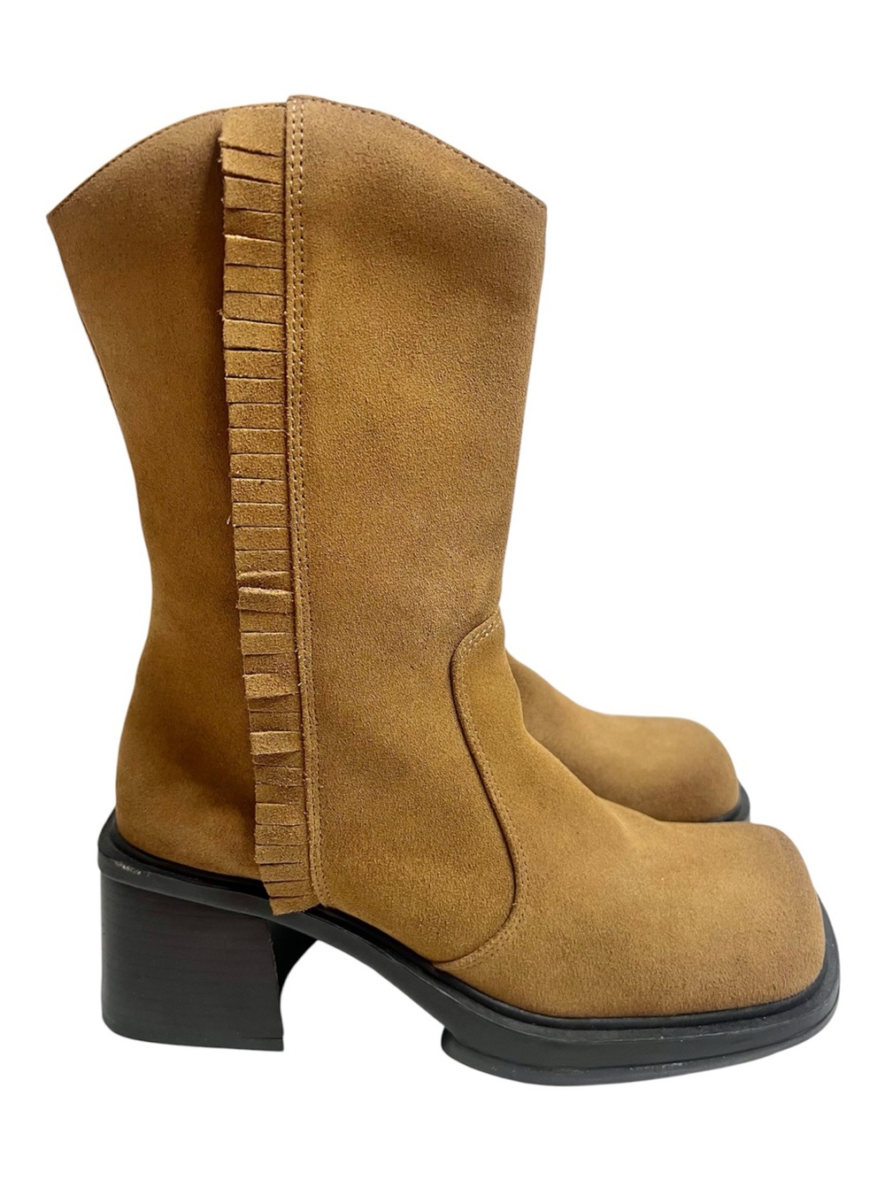 Unlisted Y2K Suede Fringe Mid-Calf Block Heel Boots chunky Brown tan Size 8